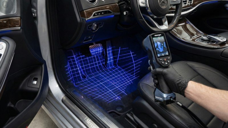 Technician Using 3D Scanner On Car Floor