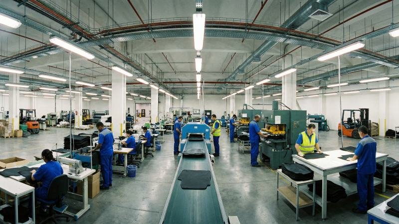 Bustling Factory Floor with Workers and Infrastructure
