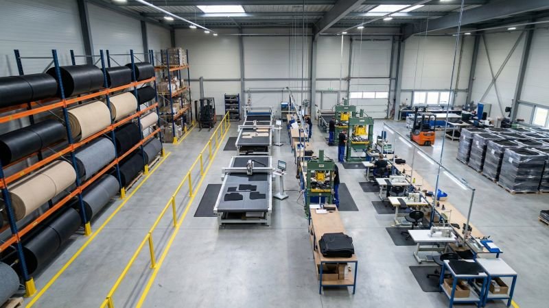 High Angle View of Organized Car Mat Factory Floor Layout