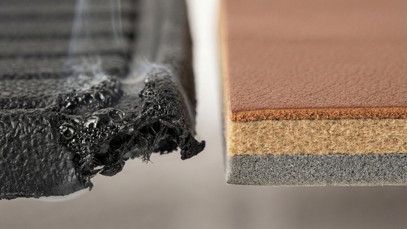 Macro Shot of Burnt Laser Edge vs Clean Knife Edge on Car Mat