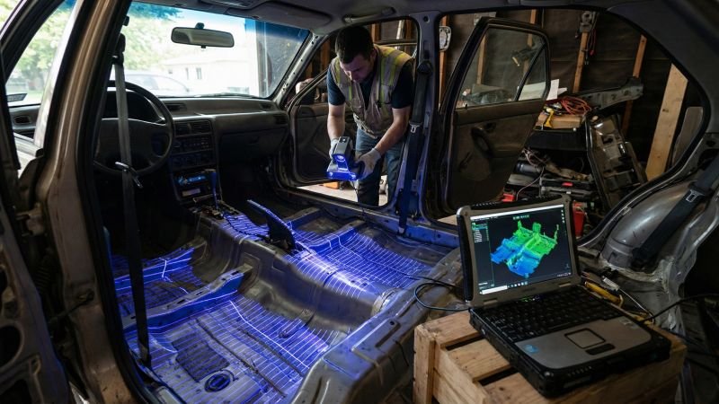 Technician Performing 3D Laser Scan of Car Interior Floor