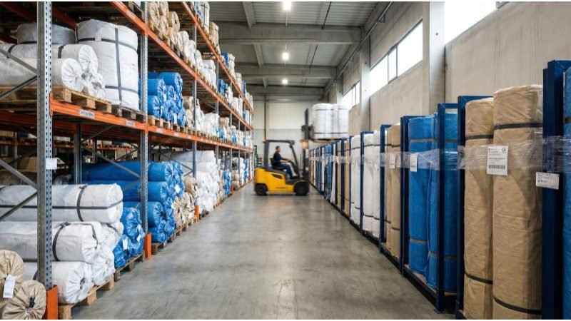 Warehouse Storage of PVC Coil Mat Rolls for Wholesale