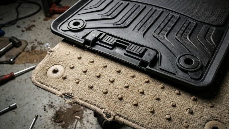 Close Up Of Modern TPE Mat Mechanical Locking System Versus Worn Out Carpet Mat Nibs