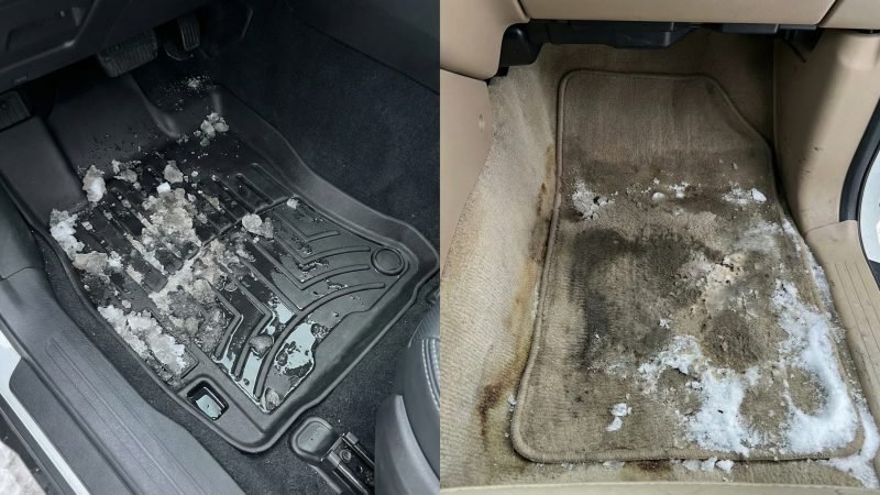 Comparison Of Waterproof TPE Car Mat Holding Melting Snow Versus Soggy Wet Carpet Mat