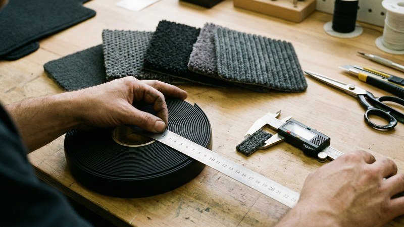 Hands Measuring Width Of Automotive Carpet Binding Tape With Ruler