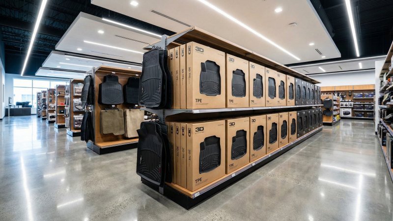 Modern Automotive Accessories Retail Store Aisle Displaying Premium Boxed Car Mats