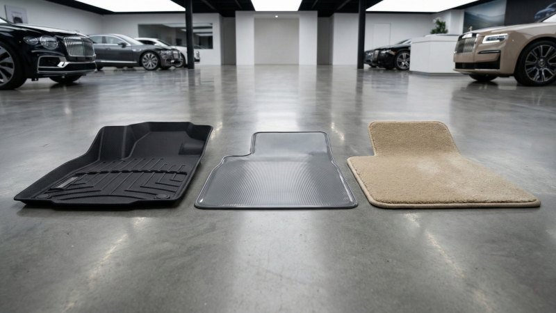 Three Types Of Car Floor Mats TPE PVC And Carpet In Luxury Garage