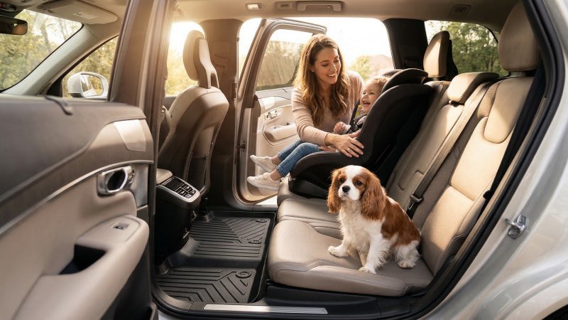 Happy mother placing child in seat over secure and premium TPE car mat
