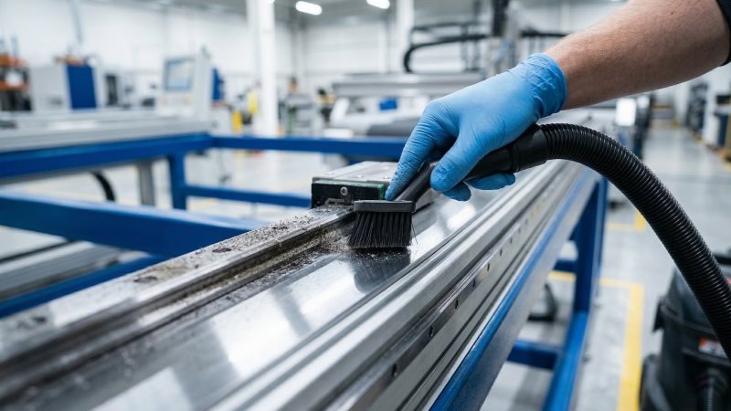 Operator Cleaning CNC Machine Guide Rails Daily