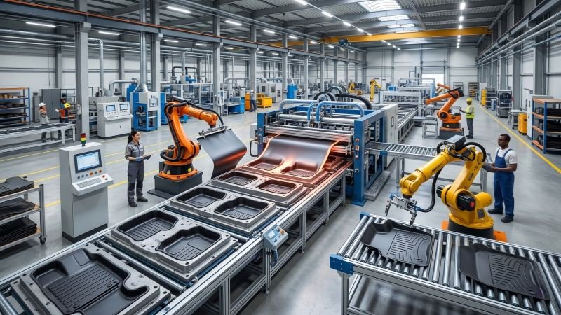 Automated factory production line manufacturing TPE car mats with vacuum thermoforming equipment
