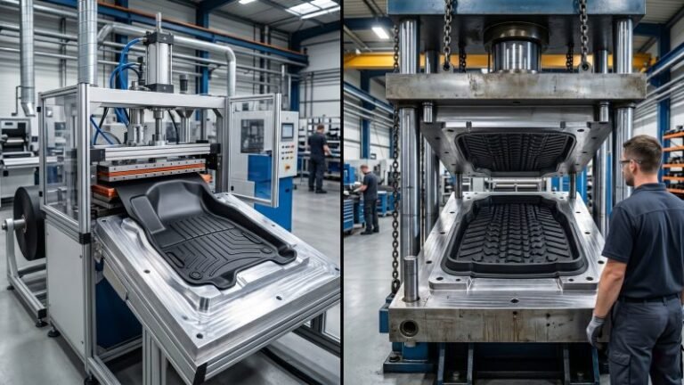 Vacuum forming machine and compression molding press comparison for automotive floor mats
