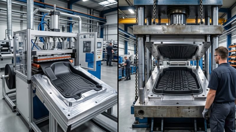 Vacuum forming machine and compression molding press comparison for automotive floor mats
